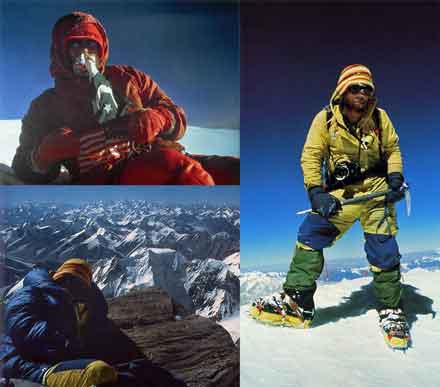 
K2 Northeast Ridge First Ascent - Upper left: Lou Reichardt on K2 summit September 6 1978. Lower left: Rick Ridgeway on K2 summit September 7 1978. Right: John Roskelley on K2 summit September 7 1978.
